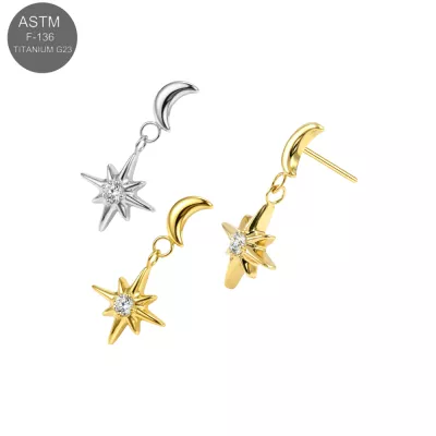 ASTM F-136 Titanium Crescent Moon & North Star CZ Dangle Threadless Top | Universal 18G/16G Fit