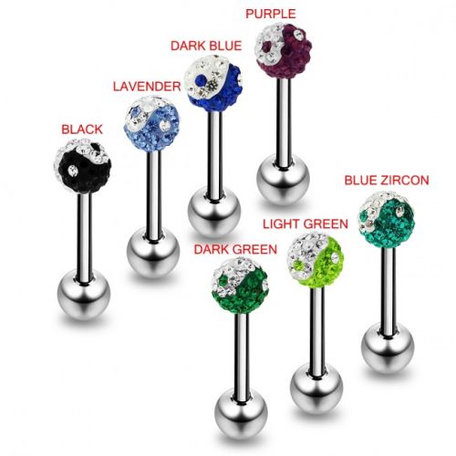 316L Steel tongue piercing set - barbell with colored crystals